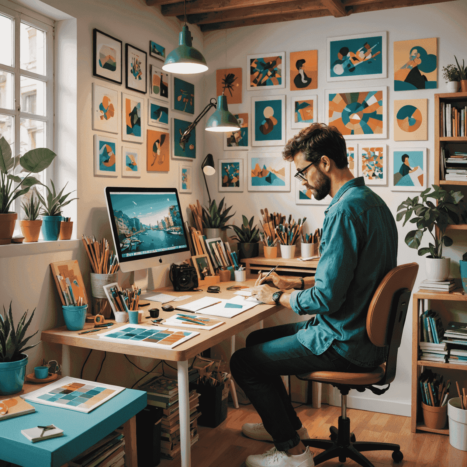 Ilustración de un artista trabajando en un estudio colorido en Barcelona, rodeado de herramientas digitales y obras de arte