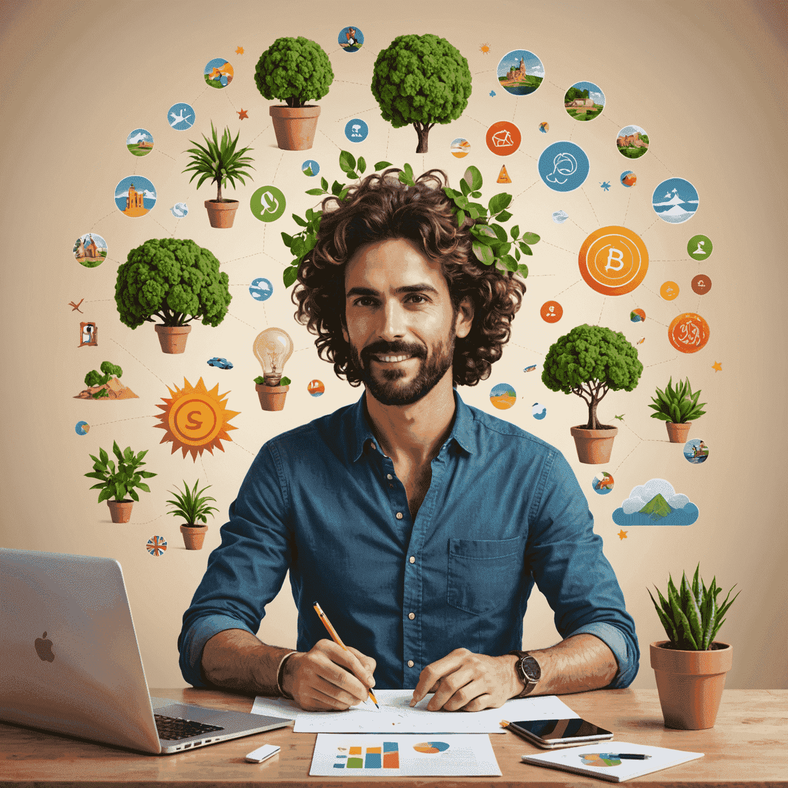 Ilustración de un freelancer español transformándose en una agencia creativa, con elementos que representan el crecimiento y la expansión del negocio