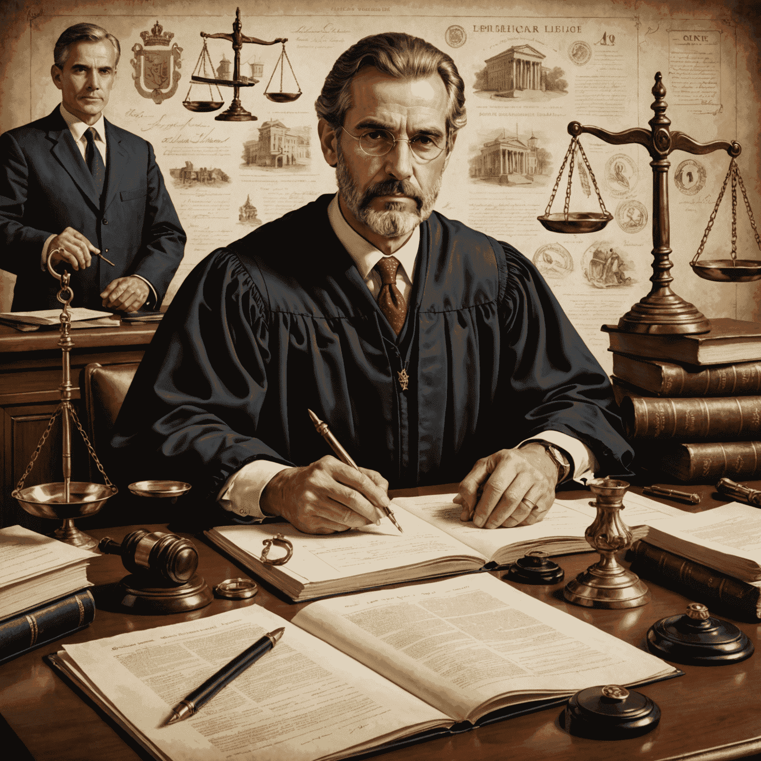 Ilustración de un creador español rodeado de símbolos legales como balanzas de justicia, martillos de juez y documentos oficiales