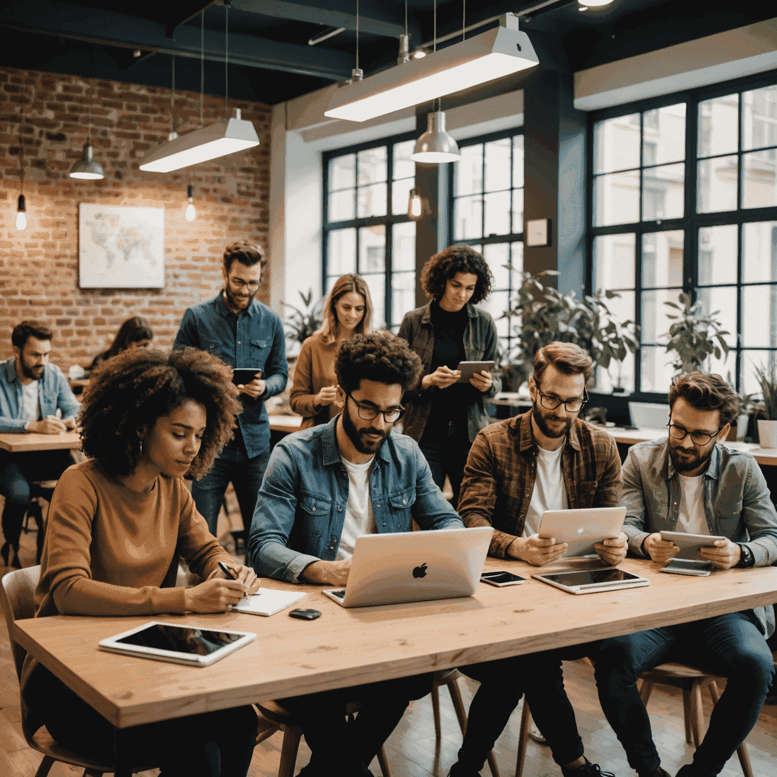 Grupo diverso de creativos colaborando en un espacio de coworking en Madrid, utilizando tablets y computadoras