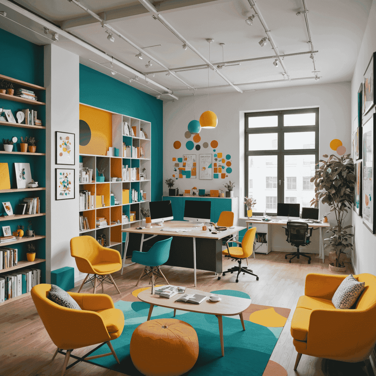 Oficina moderna y colorida de 'Creativa Digital' con el equipo trabajando en proyectos colaborativos